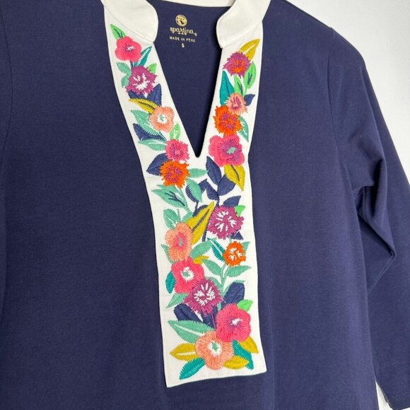 Spartina 449 Embroidered Monica Shift Dress Size Small Navy Blue Stretch Boho - Picture 4 of 13